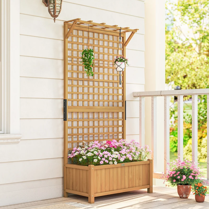 Outsunny Hochbeet mit Spalier und Dach, Pflanzkasten, Blumenbeet, wetterfest, Holz, 90 x 45 x 183 cm, Braun