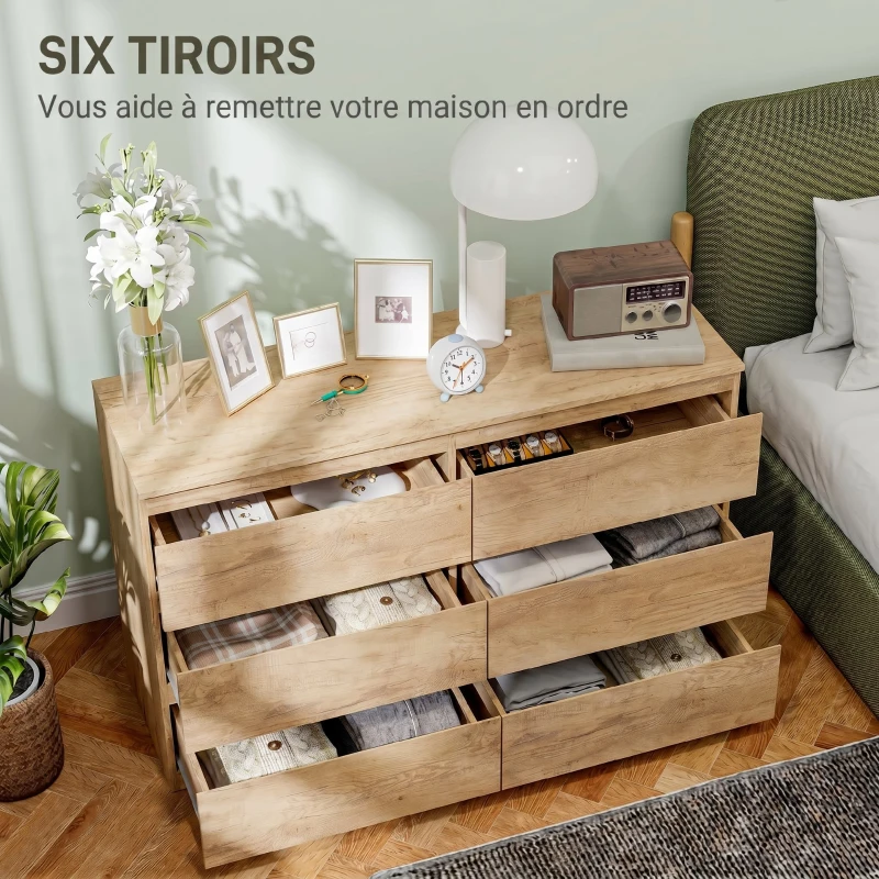 HOMCOM Commode 6 tiroirs meuble de rangement sans poignées design minimaliste 120 x 39 x 75 cm chêne