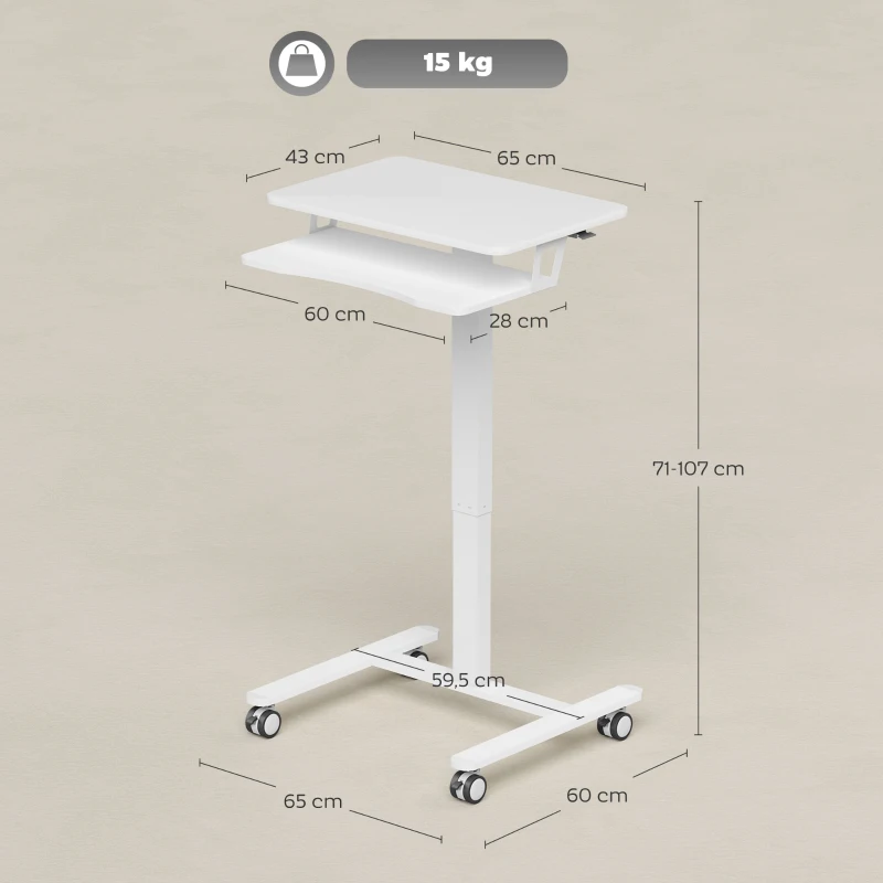 HOMCOM Bureau Assis-Debout Réglable en Hauteur, Bureau Mobile avec Plateau pour Clavier, Roulettes et Cadre en Acier, Blanc