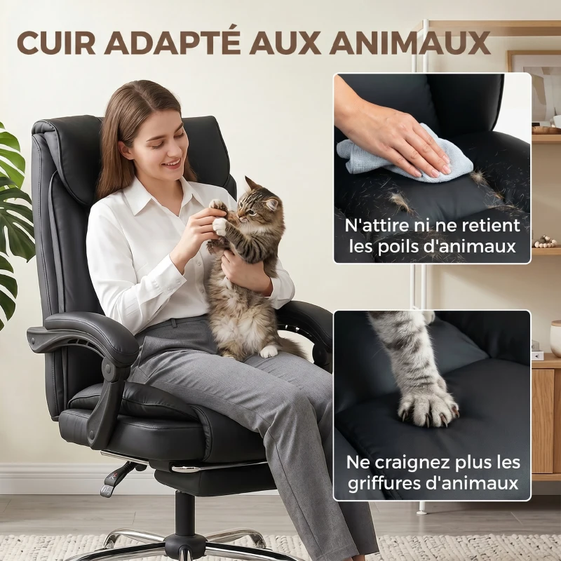 HOMCOM Chaise de bureau ergonomique, fauteuil de bureau inclinable avec repose-pieds, hauteur réglable, pivotante 360°, noir