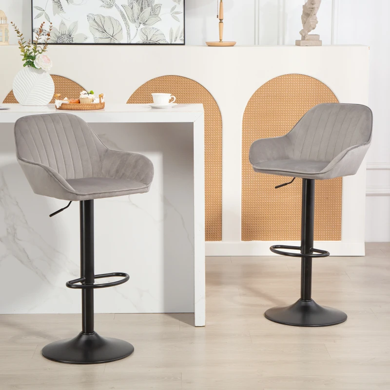 HOMCOM Conjunto de 2 Bancos de Bar Giratórios em Veludo, Altura Ajustável 62-83 cm, com Encosto e Apoio para os Pés, Cinzento
