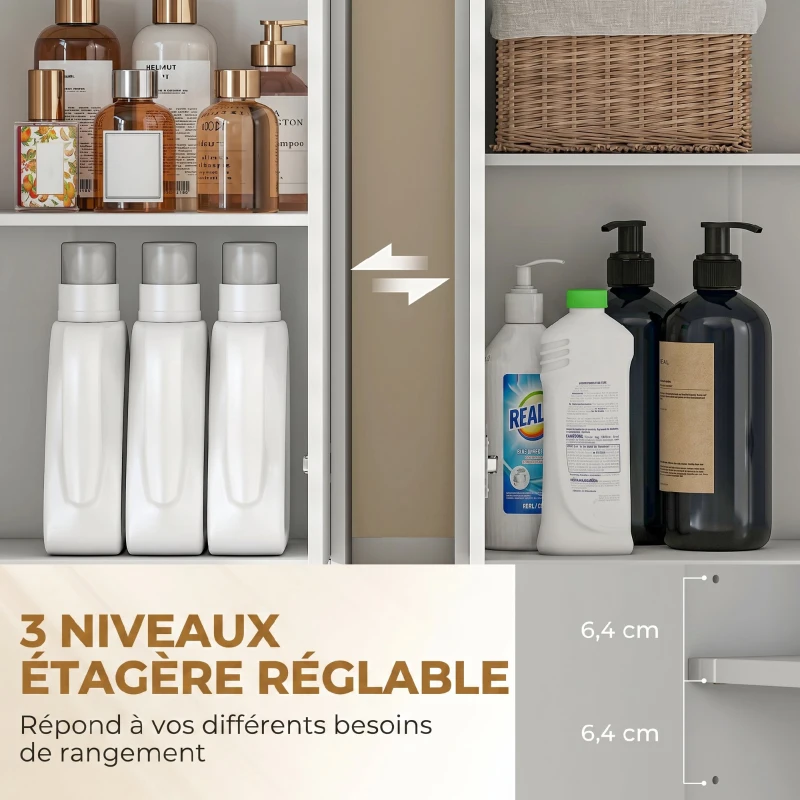 HOMCOM Meuble de salle de bain haut, 2 portes à fermeture douce, tiroir, 3 compartiments ouverts et étagères réglables, blanc