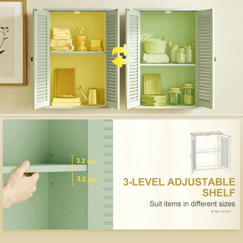 HOMCOM Bathroom Cabinet, Bathroom Wall Cabinet with Louvered Doors and Adjustable Shelf Storage for Kitchen, Light Green