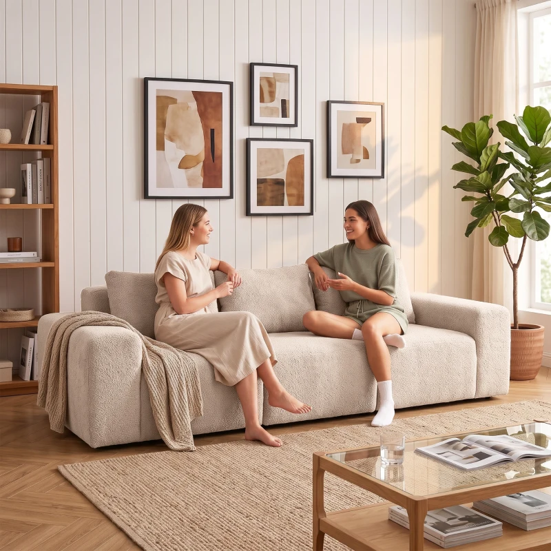 HOMCOM Sofá 3 Lugares em Chenille 320 cm, Sofá Modular, Assento e Apoios de Braço Extra-Largos, Totalmente Comprimido, Bege