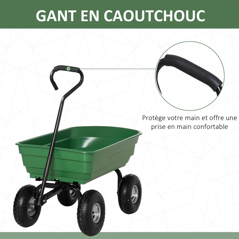 Outsunny Chariot de Jardin 100L Charge 250 kg, 4 Roues pneumatiques Remorque à Main pour Extérieur 108 x 52 x 100 cm Acier vert