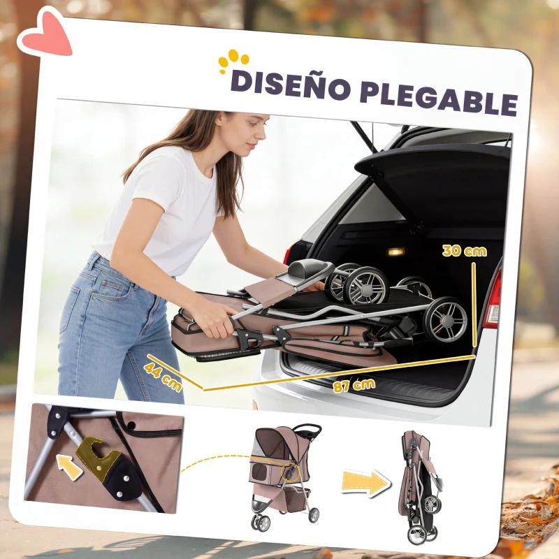 PawHut Carrito para Perros Pequeños con Cesta de Almacenaje Ventanas de Malla y Cinturón de Seguridad 77x44x102 cm Café