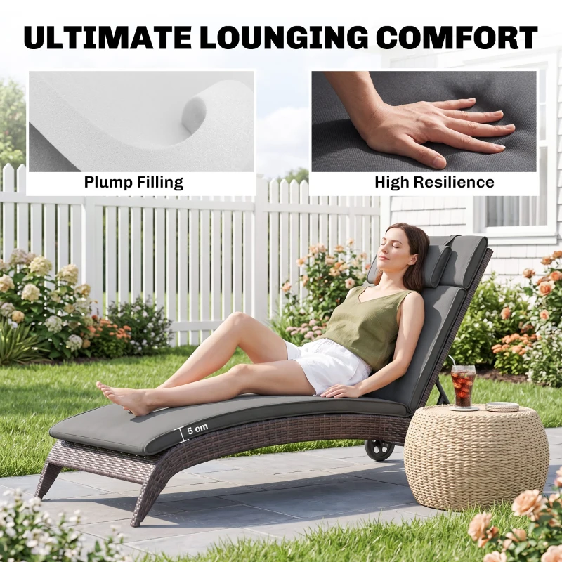 Outsunny Garden Sun Lounger Cushion Replacement Soft Sunbed Reclining Chair Relaxer Pad with Pillow, Cushion ONLY - Grey