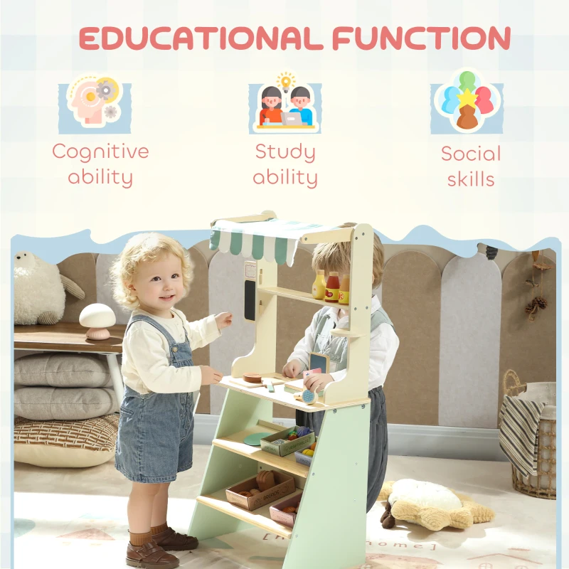 AIYAPLAY Wooden Toy Shop, Wooden Market Stall with Cash Register, Blackboard and Toy Food, 4 Storage Boxes, Ages 3+, Green