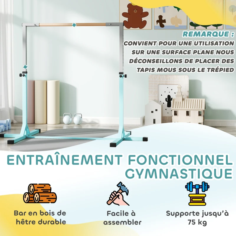 HOMCOM Barre fixe de gymnastique pour enfant, hauteur réglable 13 niveaux de 92-150 cm, en acier et bois en hêtre, cyan