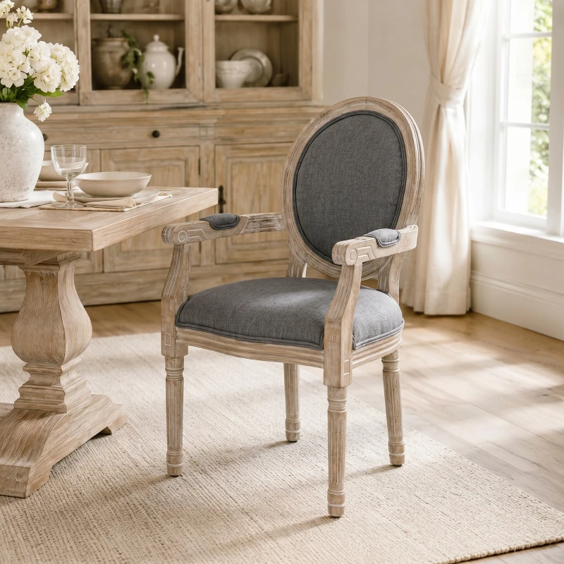 HOMCOM Chaise de Salle à Manger Chaise de Salon médaillon Style Louis XVI Bois Massif patiné sculpté Tissu Lin Gris