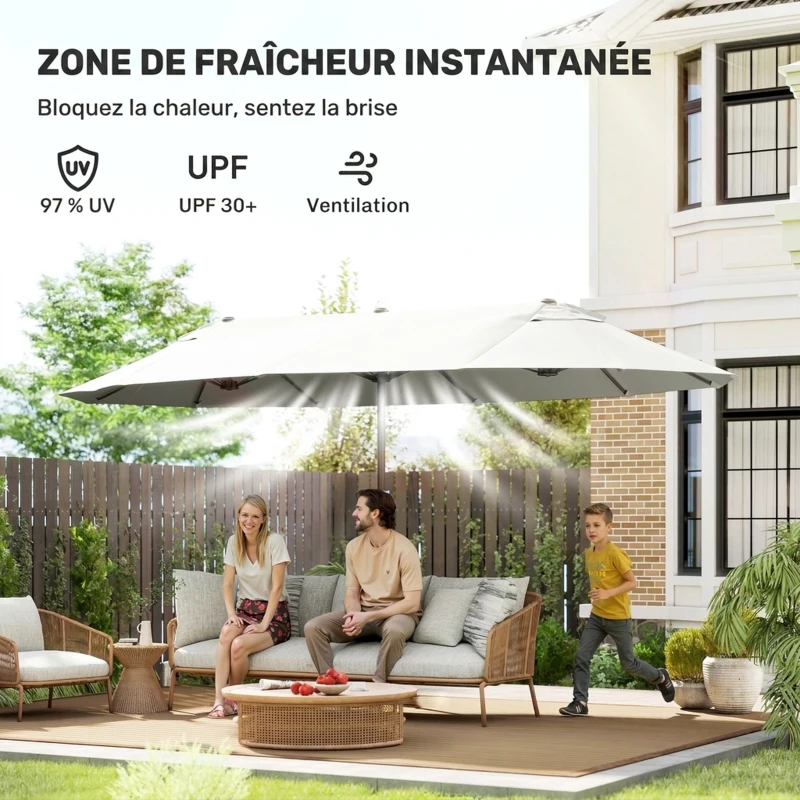 Outsunny Parasol de Jardin Exterieur 4,6 x 2,7 m, Grand Parasol Double Rectangulaire avec Manivelle, Polyester 180 g/m², Crème