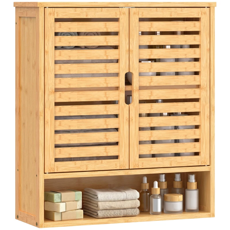 HOMCOM Bathroom Wall Cabinet, Wall Mounted Bathroom Cabinet with 2 Louvered Doors, Open Shelf and Adjustable Shelf Storage