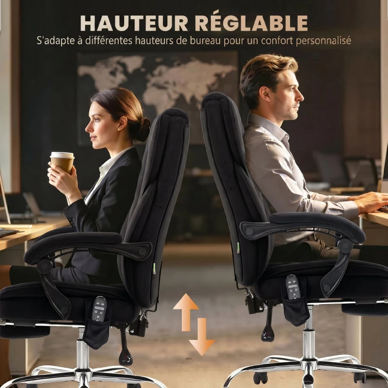 Vinsetto Fauteuil de bureau massant et chauffant hauteur réglable dossier inclinable télécommande repose-pieds rétractable noir