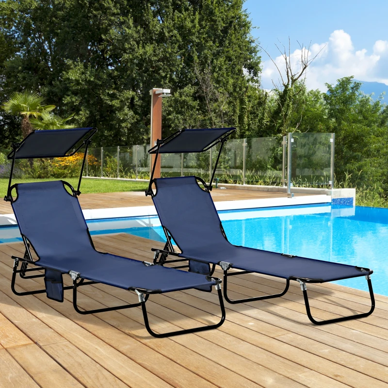 Outsunny Set of Two Folding Sun Loungers, with Adjustable Backs and Sun Canopies - Dark Blue