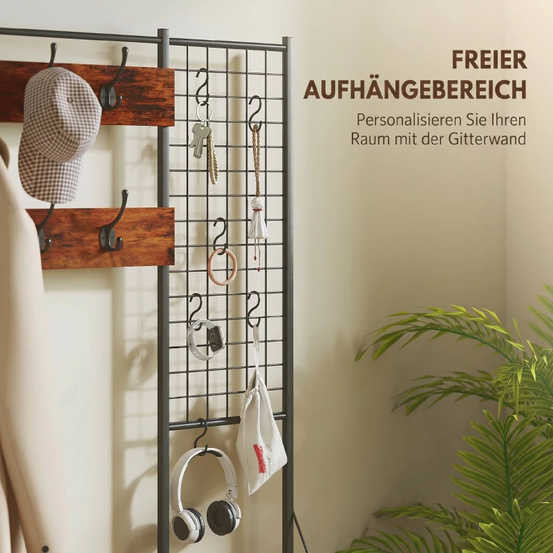 HOMCOM Garderobenständer, Kleiderständer mit Stoff-Schublade, 14 Haken für Flur, Schlafzimmer, Rustikal-Braun, Höhe 183 cm