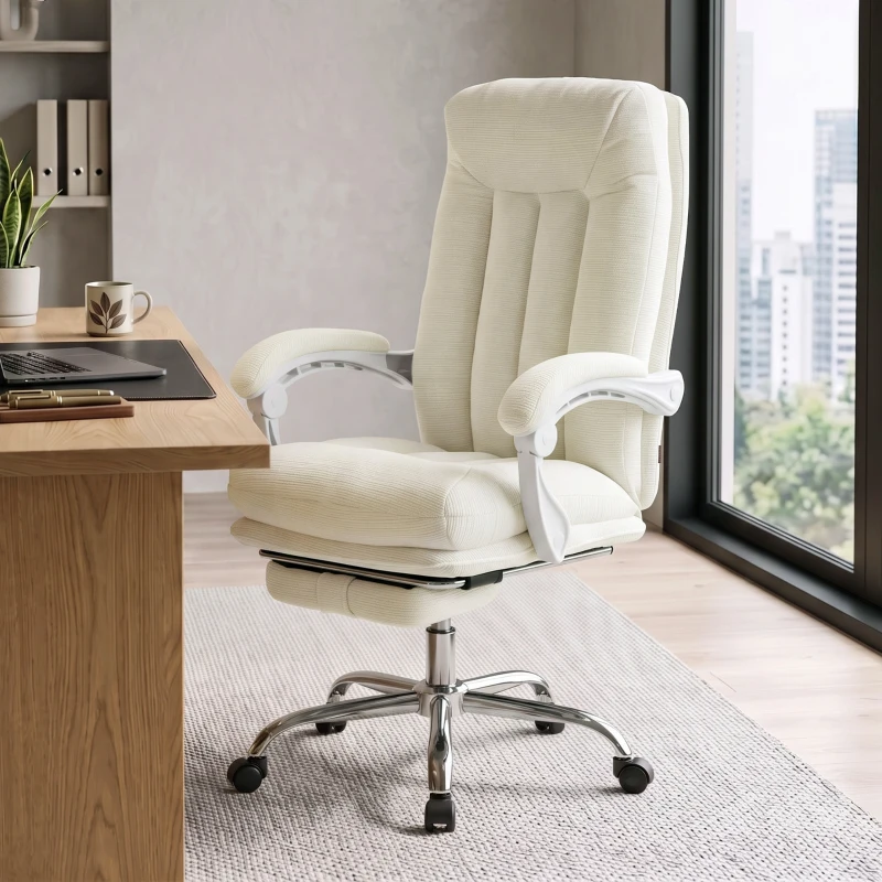 HOMCOM Scaun birou ergonomic, fotoliu înclinat din chenille, înălțime reglabilă, suport pentru picioare, Crem