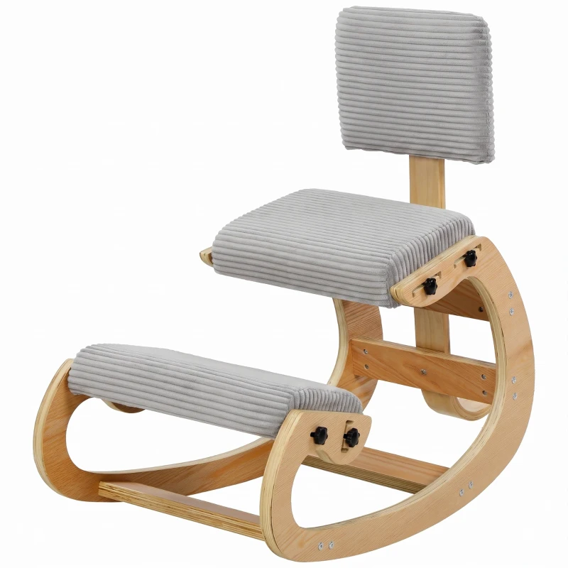 HOMCOM Cadeira de Joelhos Ergonômica com Encosto Assento Ajoelhado Basculante Estofado em Veludo Cotelê Cinza Claro