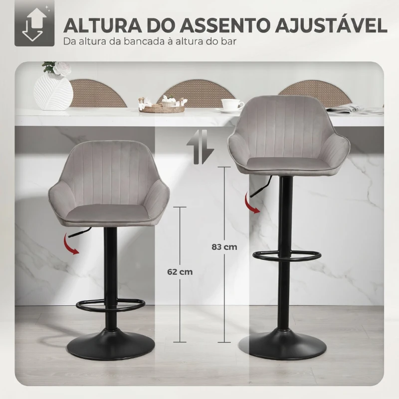 HOMCOM Conjunto de 2 Bancos de Bar Giratórios em Veludo, Altura Ajustável 62-83 cm, com Encosto e Apoio para os Pés, Cinzento