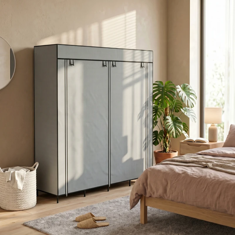 HOMCOM Kleiderschrank Stoffschrank, Türen, 2 Kleiderstangen, 10 Fächer, Grau(m-8)
