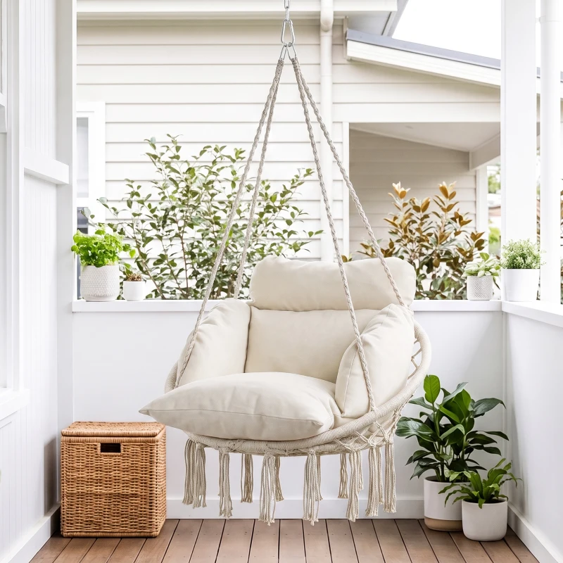 Outsunny Hanging Chair Outdoor Hammock Chair with Soft Cushion, Cotton Rope Boho Style Swing Chair, Hanging Garden Swing Seat for Indoor Outdoor, Cream White