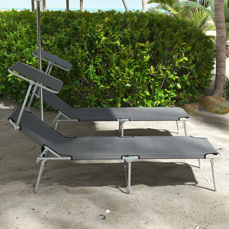 Outsunny Folding Sun Lounger Set of 2 with Canopy, Reclining Sunbed with 4-Position Adjustable Backrest, 600D Oxford Cloth, Portable Garden Lounger Recliner Chair for Beach, Camping, Patio, Grey