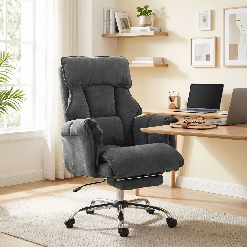 HOMCOM Chaise Bureau Ergonomique, Fauteuil de Bureau Inclinable, Hauteur Réglable, Appui-tête, Dossier Haut, Gris Foncé