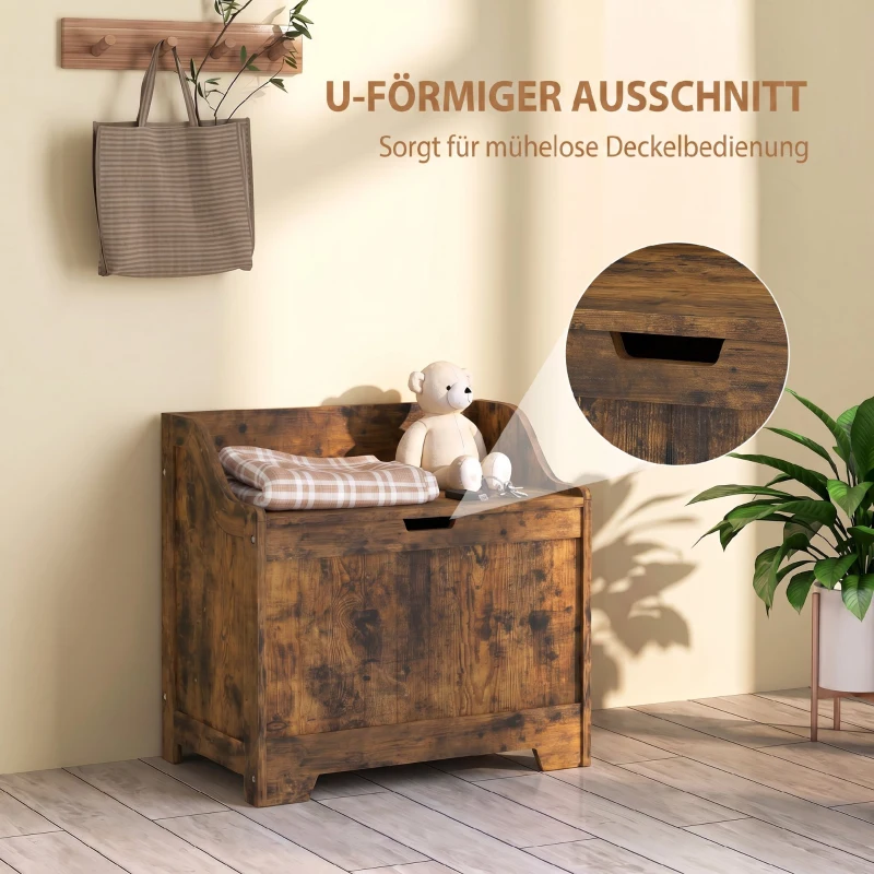 HOMCOM Aufbewahrungstruhe mit Sicherheits-Scharnier, Holztruhe mit Griffmulde für Wohnzimmer & Flur,  Rustikal-Braun