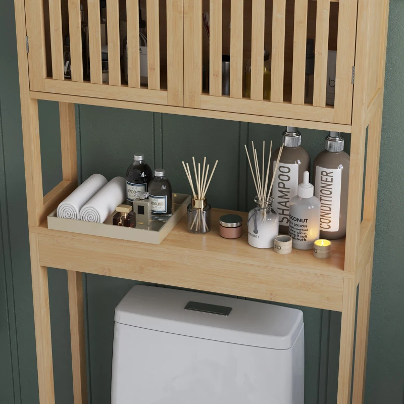 HOMCOM Estantería para WC con Armario de 2 Puertas y Balda Abierta de Bambú Madera Natural
