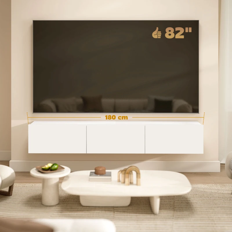 HOMCOM Zwevend tv-meubel, wandmontage, 3 lades, veel opbergruimte, 180 cm, spaanplaat, wit