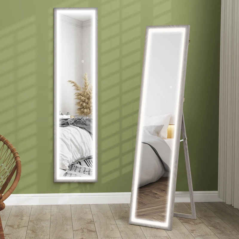 HOMCOM Grand miroir pleine longueur, miroir mural ou sur pied rectangulaire, 40 x 160 cm avec éclairage LED 3 couleurs, gris