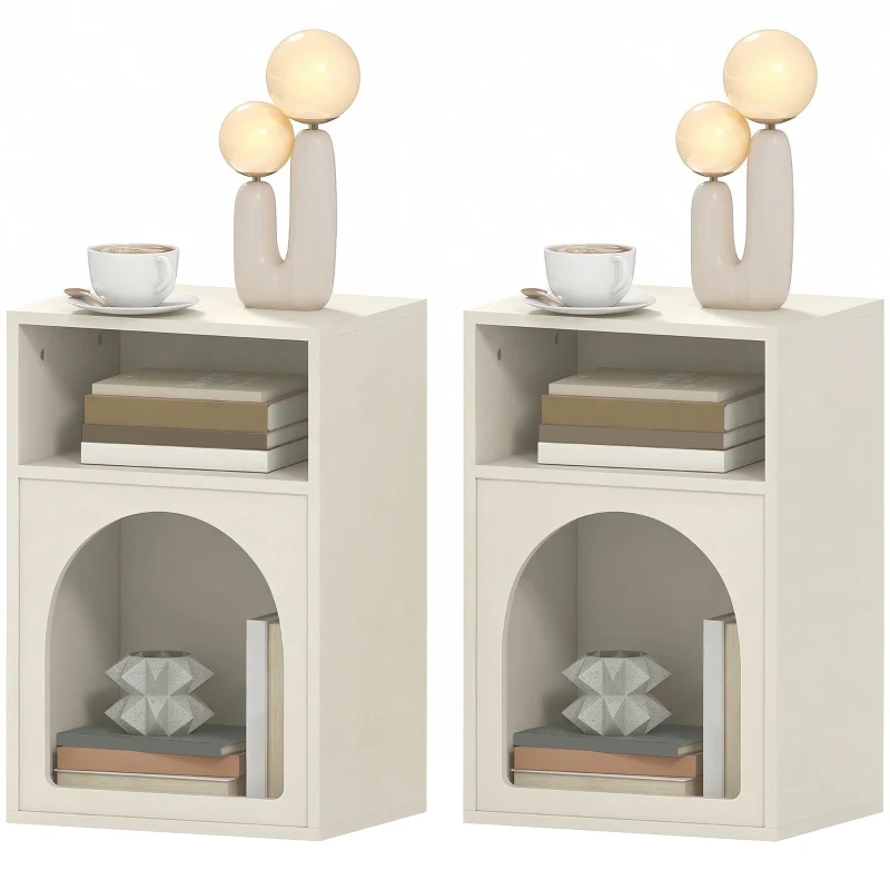 HOMCOM Lot de 2 tables de chevet, table de nuit avec compartiments ouverts, design arqué, 40 x 30 x 60 cm, crème