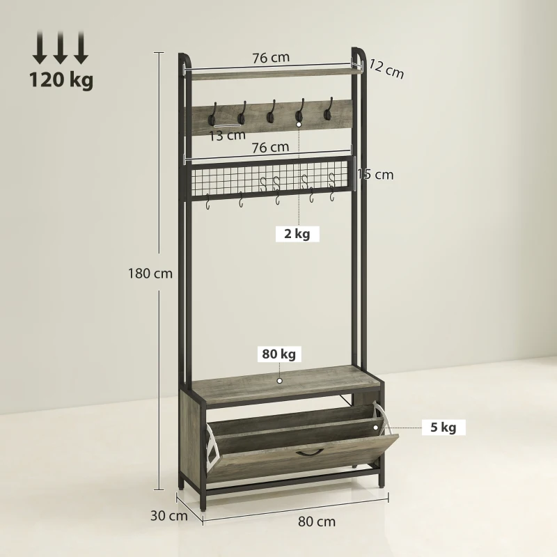 HOMCOM Schuhgarderobe 5-in-1 mit Sitzbank, Gitterpaneel, Schrank, 10 Haken, oberes Ablagebrett und Stahlrahmen, Grau