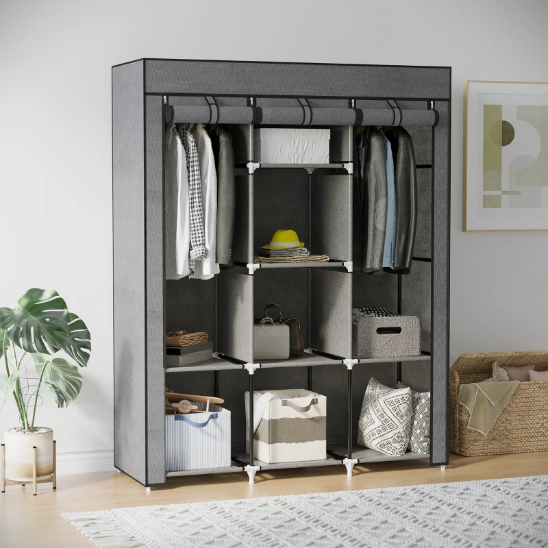 HOMCOM Guardaroba in Tessuto non Tessuto e Acciaio con 8 Ripiani e 2 Barre, 125x43x162.5 cm, Grigio Carbone