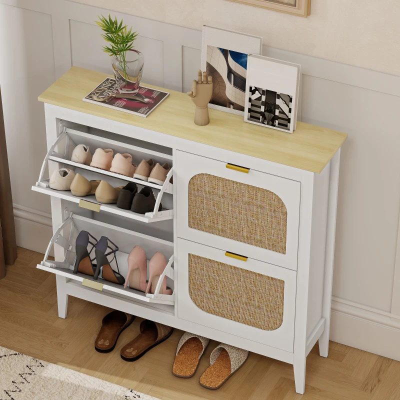 HOMCOM Narrow Shoe Cabinet, Boho Slim Shoe Storage Cabinet with 4 Flip Drawers, Holds 20 Pairs, White