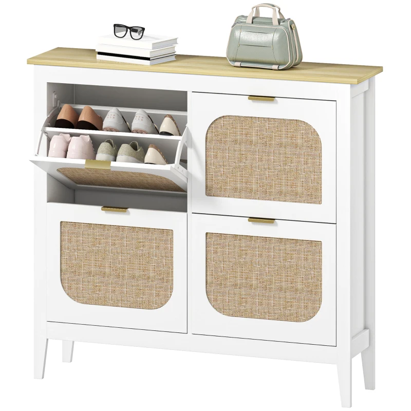 HOMCOM Meuble à chaussures 20 paires bohème avec 4 tiroirs rabattables, portes effet cannage rotin, 105 x 24 x 95,5 cm, blanc(m-12)
