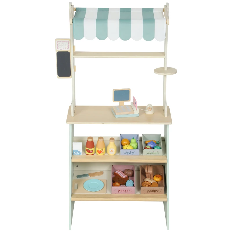 AIYAPLAY Wooden Toy Shop, Wooden Market Stall with Cash Register, Blackboard and Toy Food, 4 Storage Boxes, Ages 3+, Green