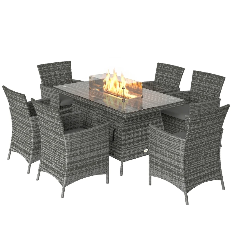 Outsunny 7 Pieces Outdoor Rattan Garden Furniture with Fire Pit Table, 6 Seater Garden Table and Chairs with Cushions, Rattan Dining Set with Propane Heater Table, Windscreen, 50,000 BTU, Grey