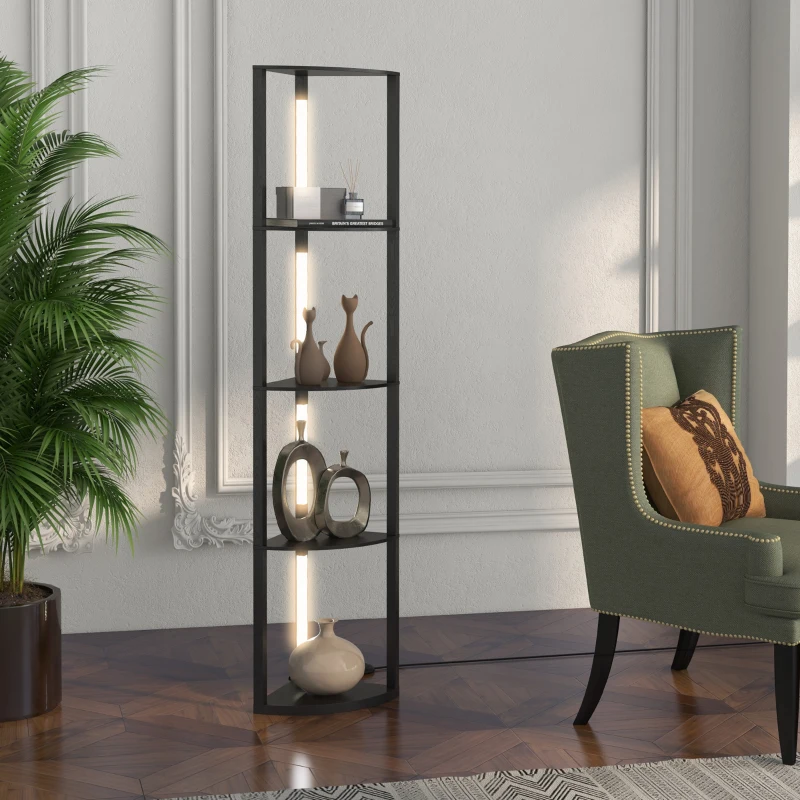 HOMCOM Lampada da Terra a Colonna in MDF con 4 Ripiani e Illuminazione a LED da 3000K, 41x29.5x163.5 cm, Nero