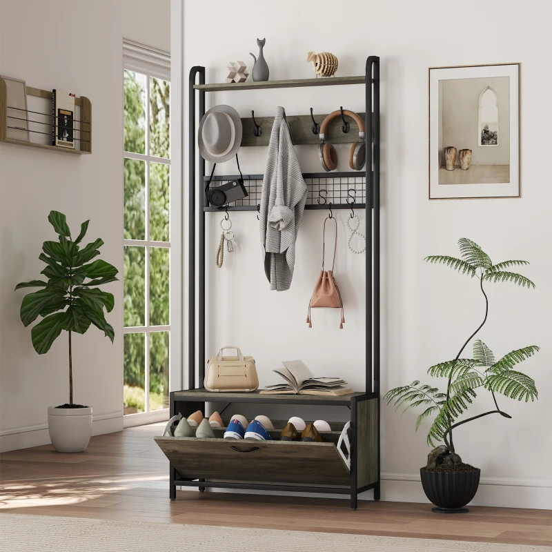 HOMCOM Schuhgarderobe 5-in-1 mit Sitzbank, Gitterpaneel, Schrank, 10 Haken, oberes Ablagebrett und Stahlrahmen, Grau