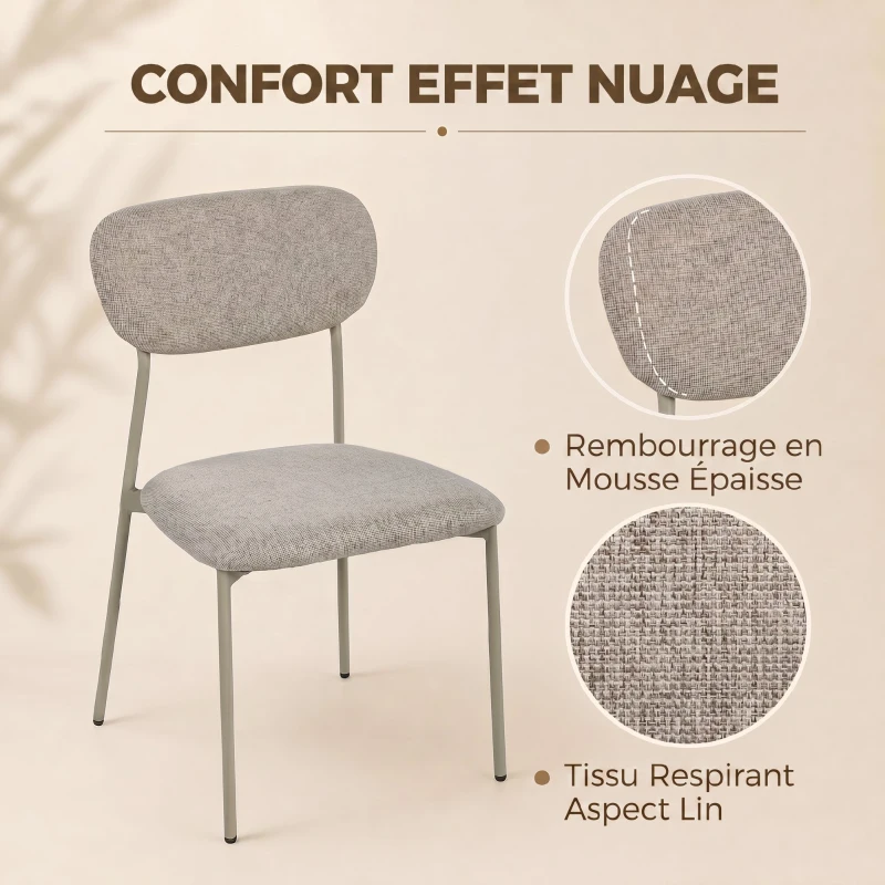 HOMCOM Lot de 2 chaises de salle à manger modernes, chaises de cuisine empilables en tissu effet lin, marron clair