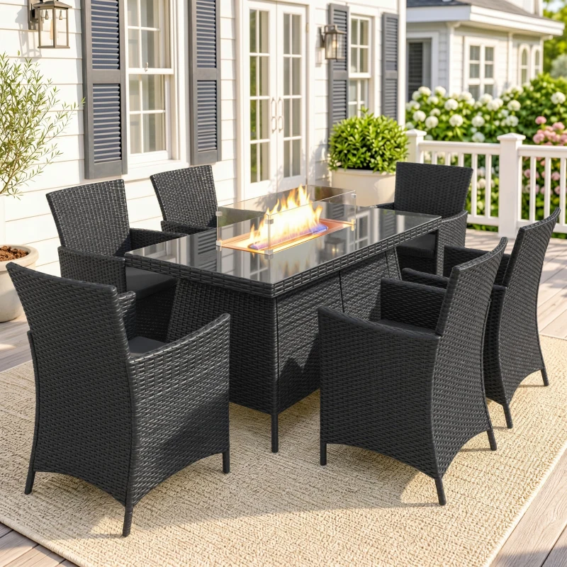Outsunny 7 Pieces Outdoor Rattan Garden Furniture with Fire Pit Table, 6 Seater Garden Table and Chairs with Cushions, Rattan Dining Set with Propane Heater Table, Windscreen, 50,000 BTU, Black