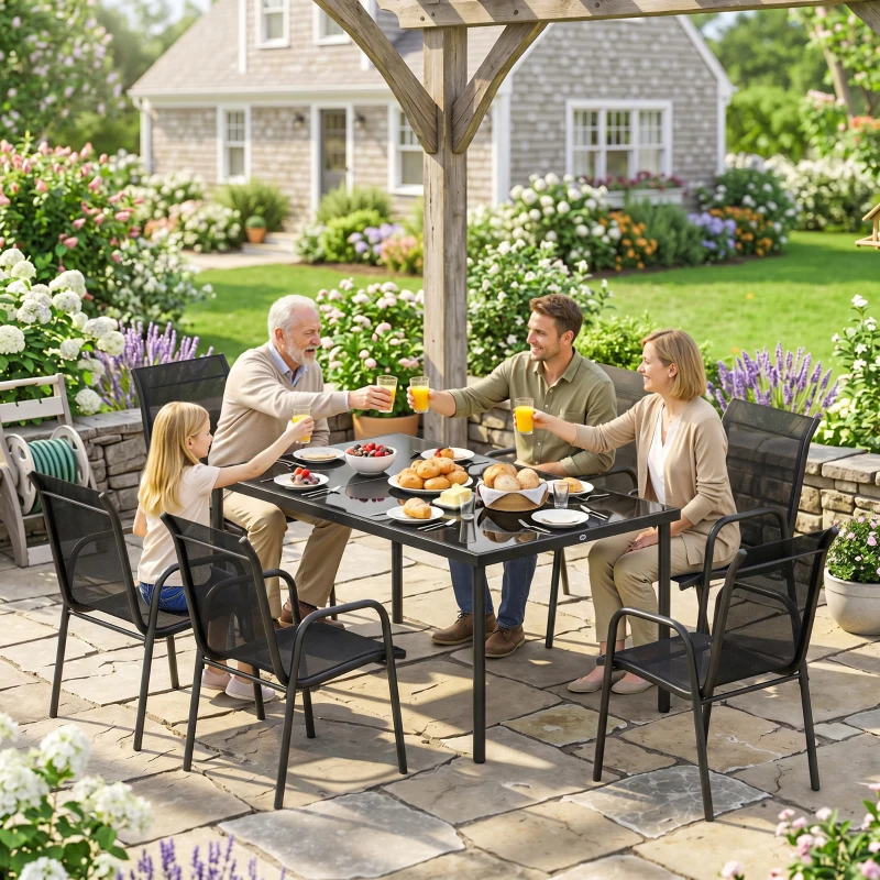 Outsunny Salon de Jardin 6 Personnes Ensemble Table et Chaises Jardin avec Chaises Empilables en Textilène 70x51x87cm Noir