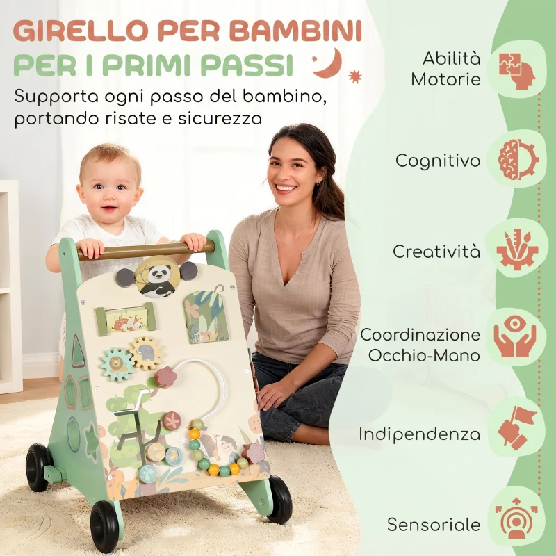AIYAPLAY Carrello Primi Passi in Legno con Freno Regolabile, in Legno Levigati per Bambini 18+ Mesi, Verde