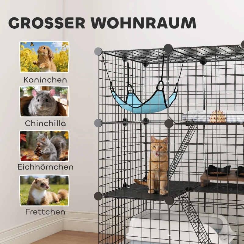 PawHut ndoor Katzenkäfig 105 cm, Stahl-Katzengehege mit 3 Türen, DIY-anpassbares Design für Kätzchen unter 4kg