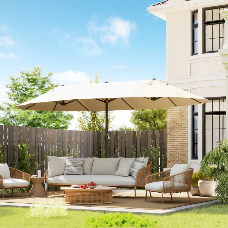 Outsunny Parasol de Jardin Exterieur 4,6 x 2,7 m, Grand Parasol Double Rectangulaire avec Manivelle, Polyester 180 g/m², Crème
