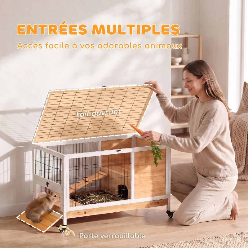 PawHut Clapier lapin intérieur clapier pour cochon d'inde en bois avec toit ouvrant et roulettes 90 x 53 x 59 cm jaune et blanc