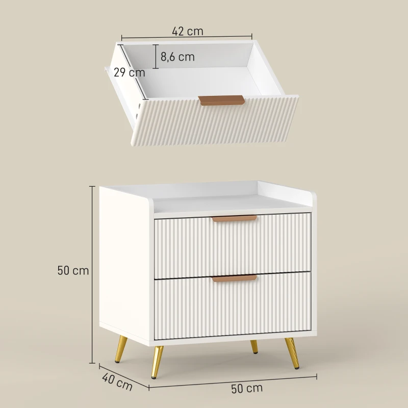 HOMCOM Table de chevet, table de nuit avec 2 tiroirs rainurés, pieds en métal dorés, 50 x 40 x 50 cm, blanc