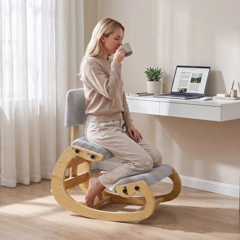 HOMCOM Ergonomischer Kniestuhl mit Rückenlehne, Gepolsterter Wipp-Kniersitz aus Cordvelours, Hellgrau