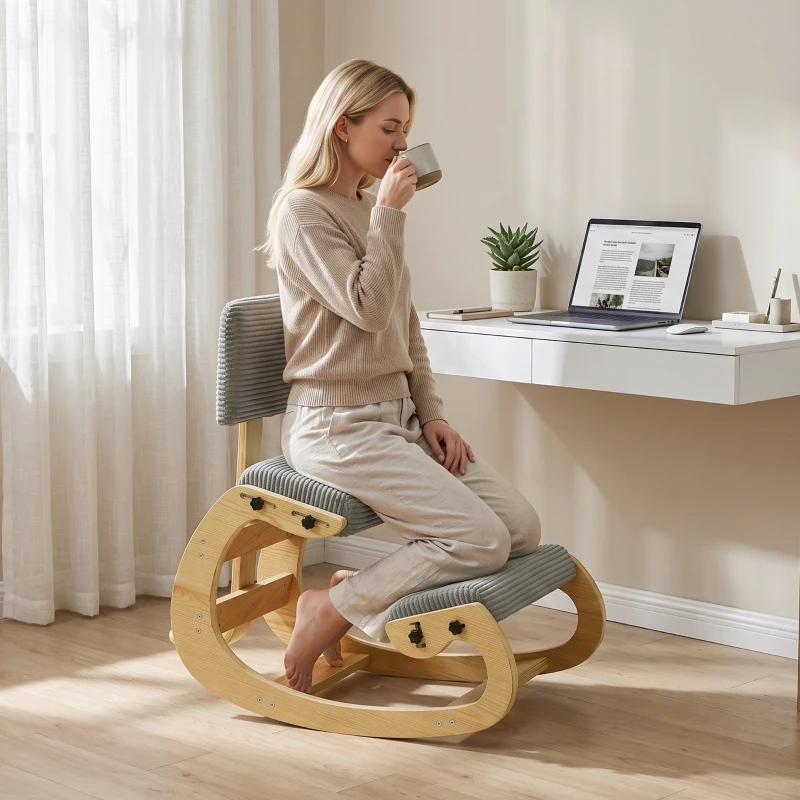 HOMCOM Scaun ergonomic pentru genunchi, scaun-genunchi cu spătar, aspect corduroy, scaun de birou pentru acasă, birou, meditație, gri închis