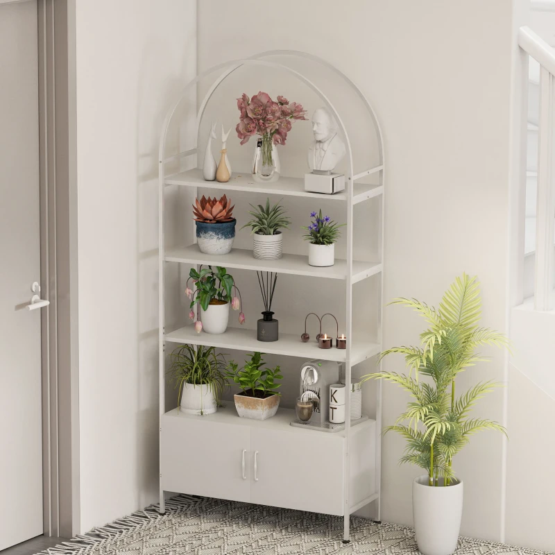 HOMCOM Étagère de rangement, bibliothèque arquée à 4 niveaux avec placard double porte, 80 x 30 x 187 cm, blanc